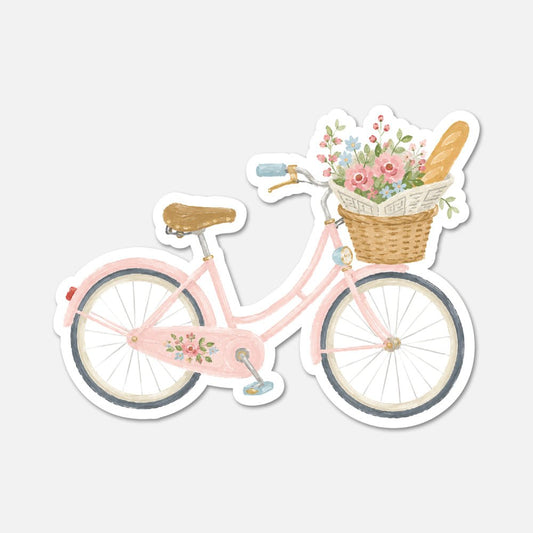 Pink Bike With Flowers - Cottagecore Sticker - Footnotes Paper