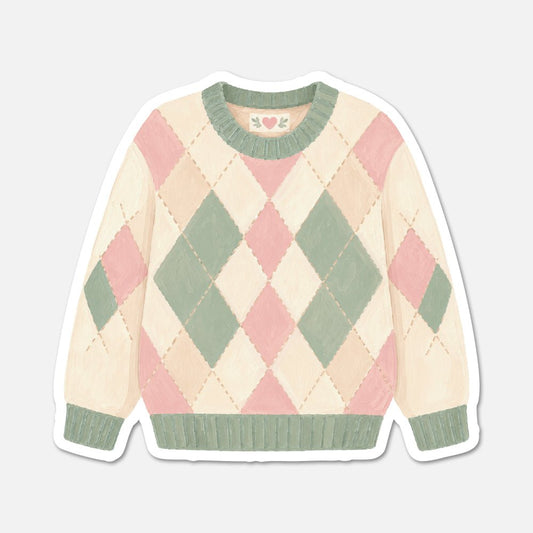 Pink Green Argyle Sweater - Cottagecore Sticker - Footnotes Paper