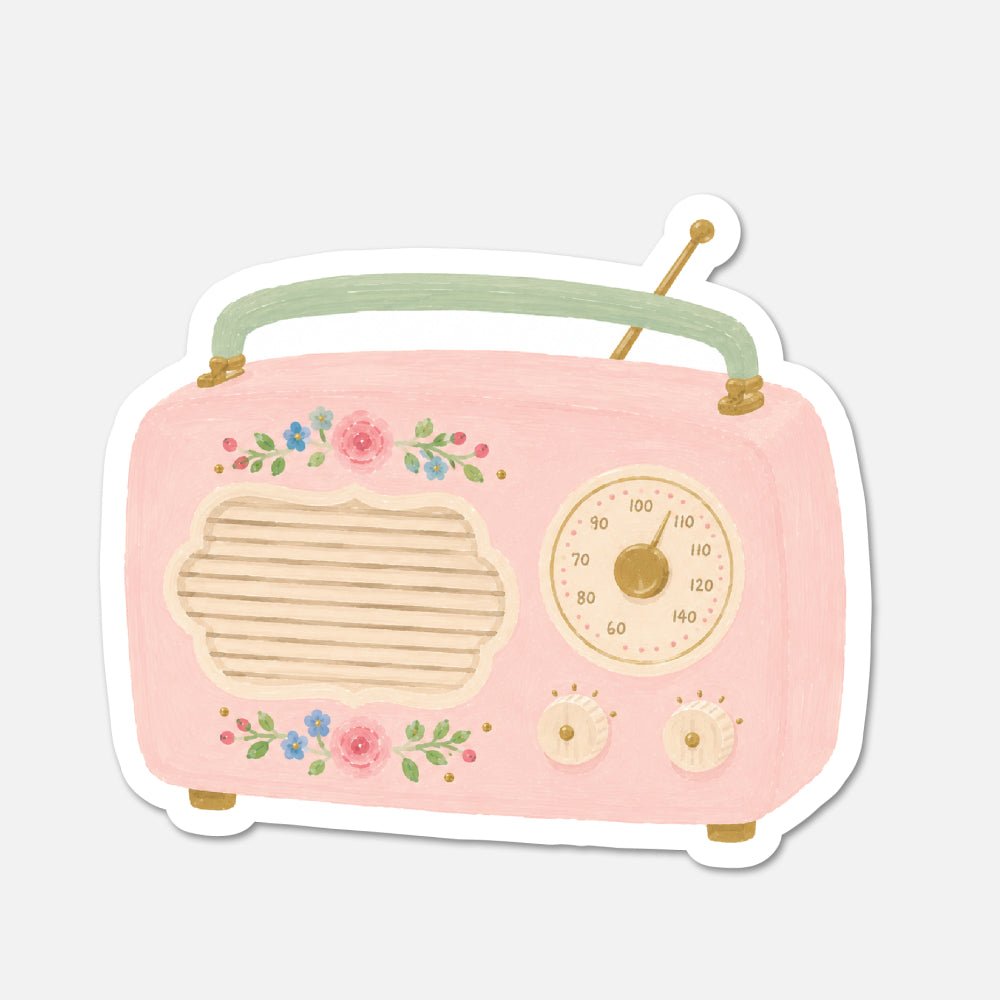 Retro Floral Radio - Pink Vintage Sticker - Footnotes Paper