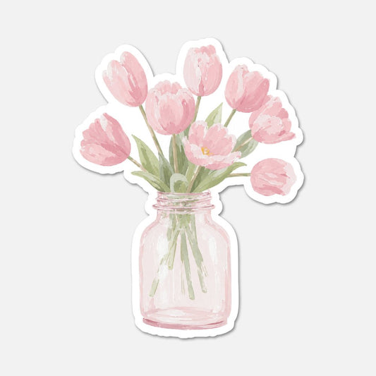 Tulips In Pink Mason Jar - Cottagecore Sticker - Footnotes Paper