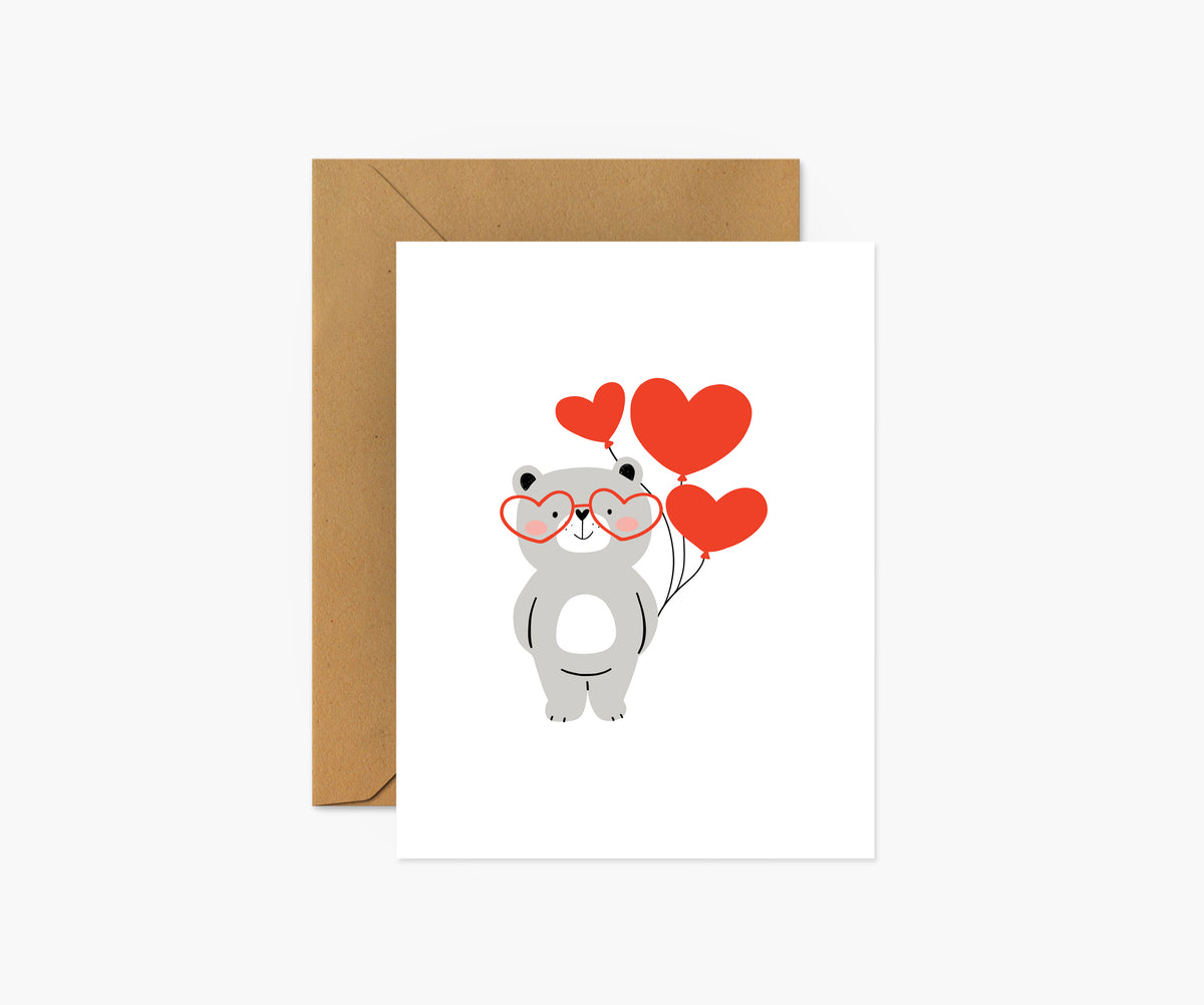 Cute Bear Holding Balloons - Valentine's Day Card – Footnotes Paper