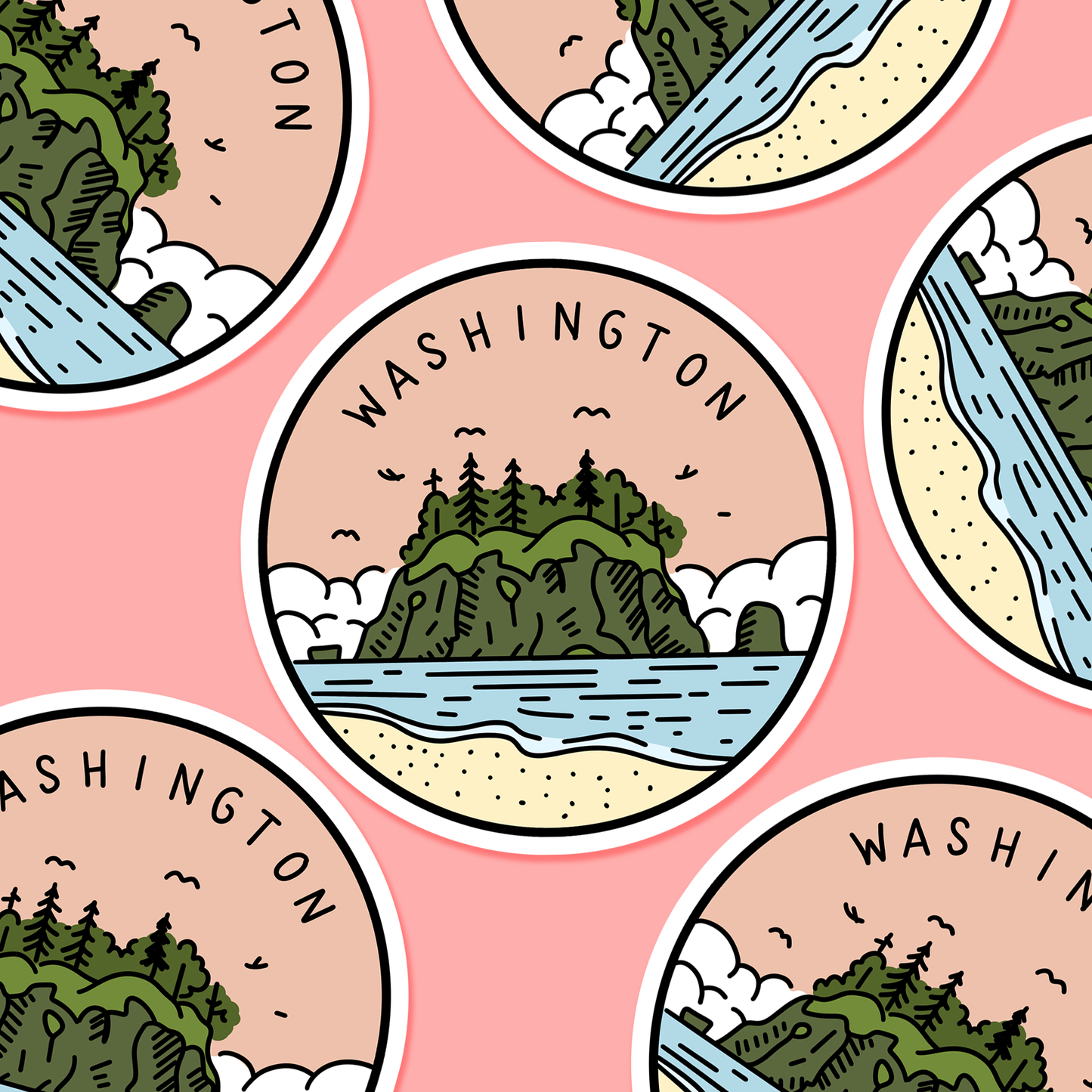 Washington Illustrated US State 3 x 3 in - Travel Sticker