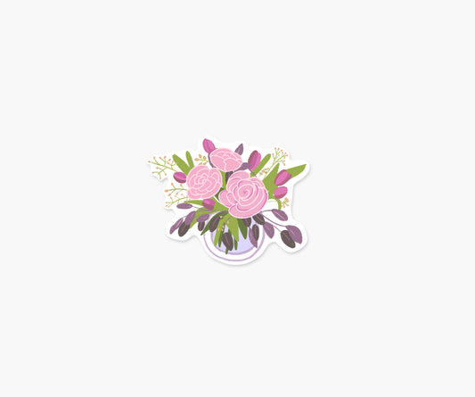 Pink Rose Bouquet In A Vase - Floral Sticker | Footnotes Paper