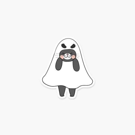 Cat dressed as a ghost 2.8 x 3.2 in - Halloween Sticker - Footnotes Paper