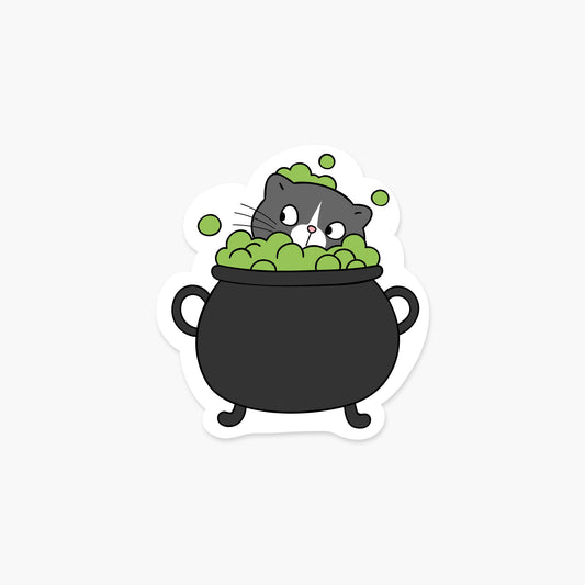 Cat in a cauldron 3.2 x 3.5 in - Halloween Sticker - Footnotes Paper