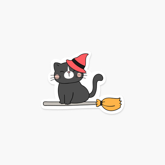 Cat on a broomstick 3.5 x 2.6 in - Halloween Sticker - Footnotes Paper
