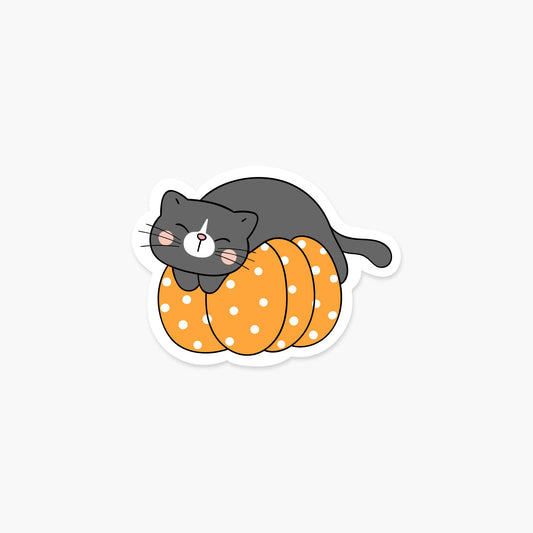 Cat sleeping on a pumpkin 3.5 x 2.6 in - Halloween Sticker - Footnotes Paper