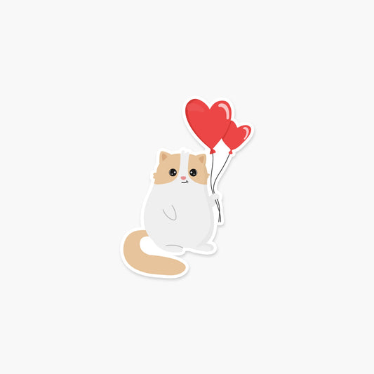 Cat with red heart shaped balloons 3.25 x 2.3 in - Valentine's Day Sticker - Footnotes Paper