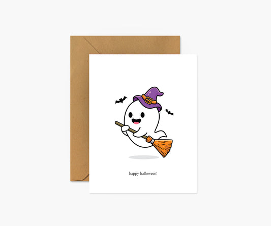 Happy Halloween Ghost on a broomstick Halloween Card | Footnotes Paper