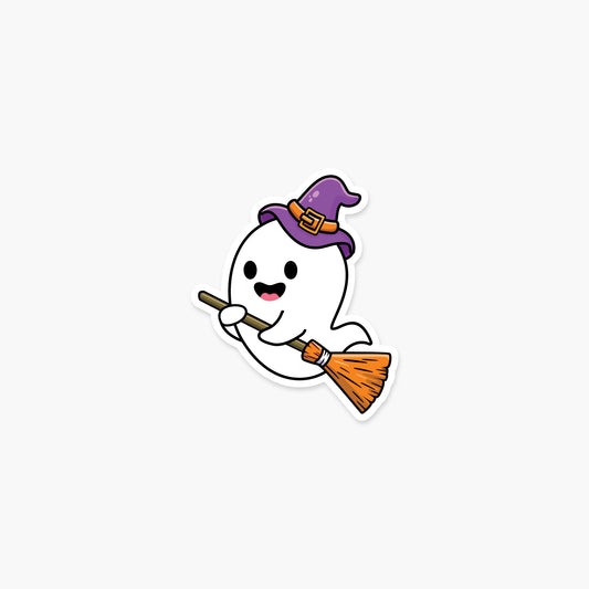 Ghost on a broomstick 2.5 x 3 in - Halloween Sticker - Footnotes Paper