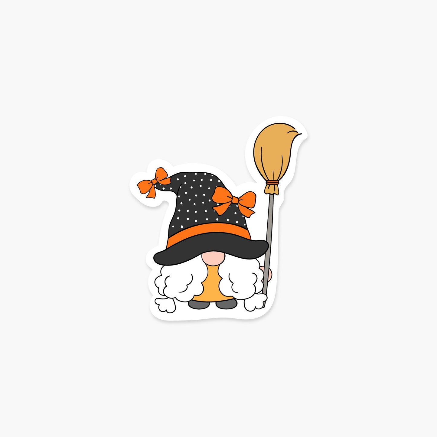 Gnome holding a broomstick 2.85 x 3.25 in - Halloween Sticker - Footnotes Paper