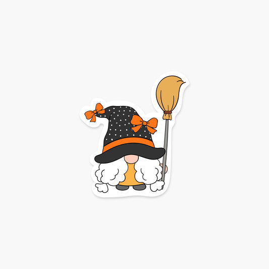Gnome holding a broomstick 2.85 x 3.25 in - Halloween Sticker - Footnotes Paper