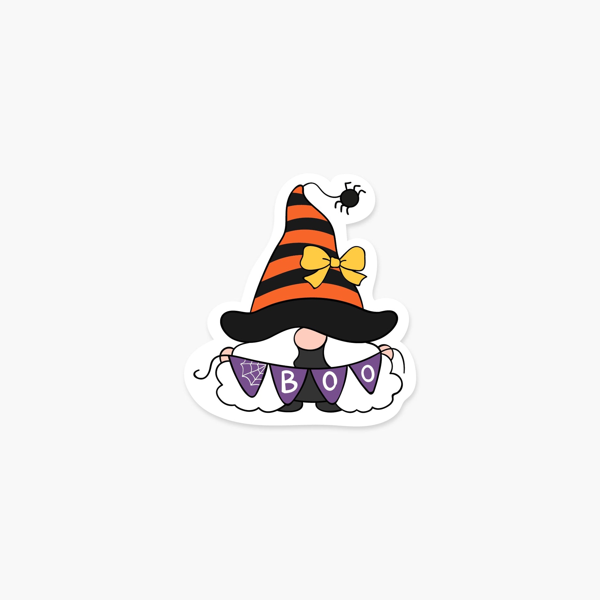 Gnome holding Boo! sign 2.6 x 2.9 in - Halloween Sticker - Footnotes Paper