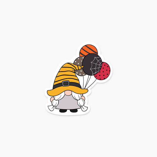 Gnome holding spooky balloons 3 x 3.25 in - Halloween Sticker - Footnotes Paper