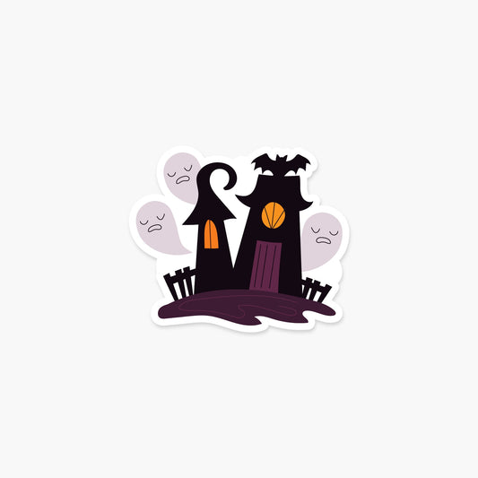 Haunted house with three ghosts 3.2 x 2.7 in - Halloween Sticker - Footnotes Paper
