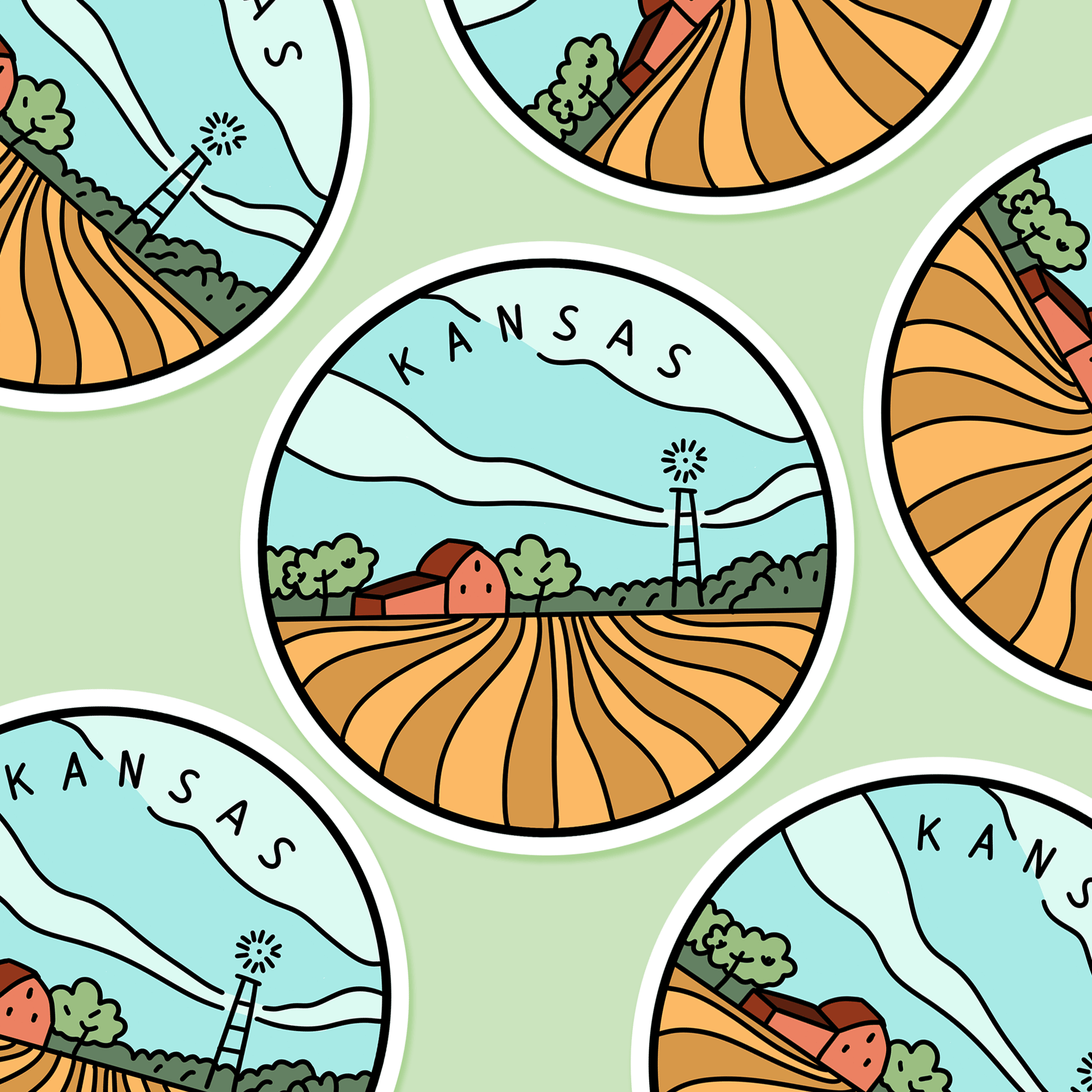 Kansas Illustrated US State 3 x 3 in - Travel Sticker - Footnotes Paper