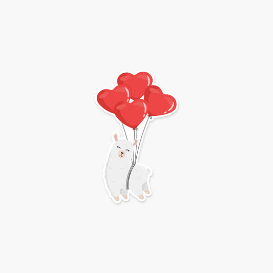 Llama with red heart shaped balloons 3.25 x 2 in - Valentine's Day Sticker - Footnotes Paper