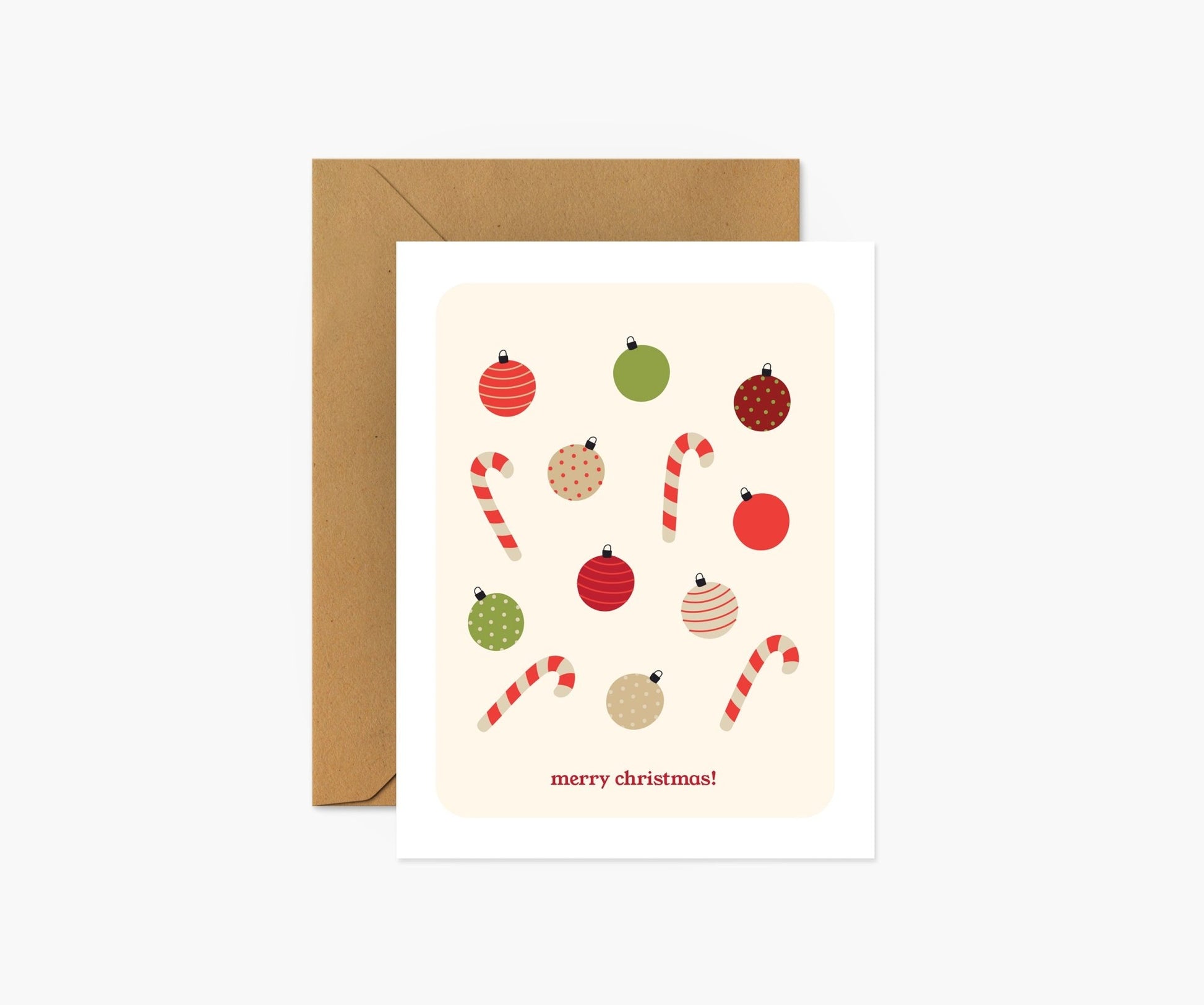 Merry Christmas Ornaments and Candy Cane Christmas Greeting Card - Footnotes Paper