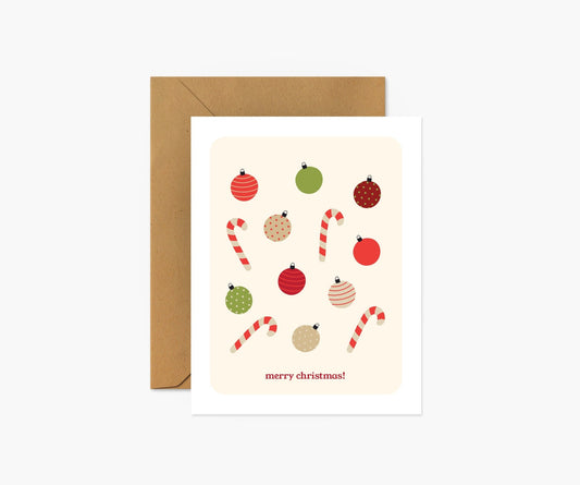 Merry Christmas Ornaments and Candy Cane Christmas Greeting Card - Footnotes Paper