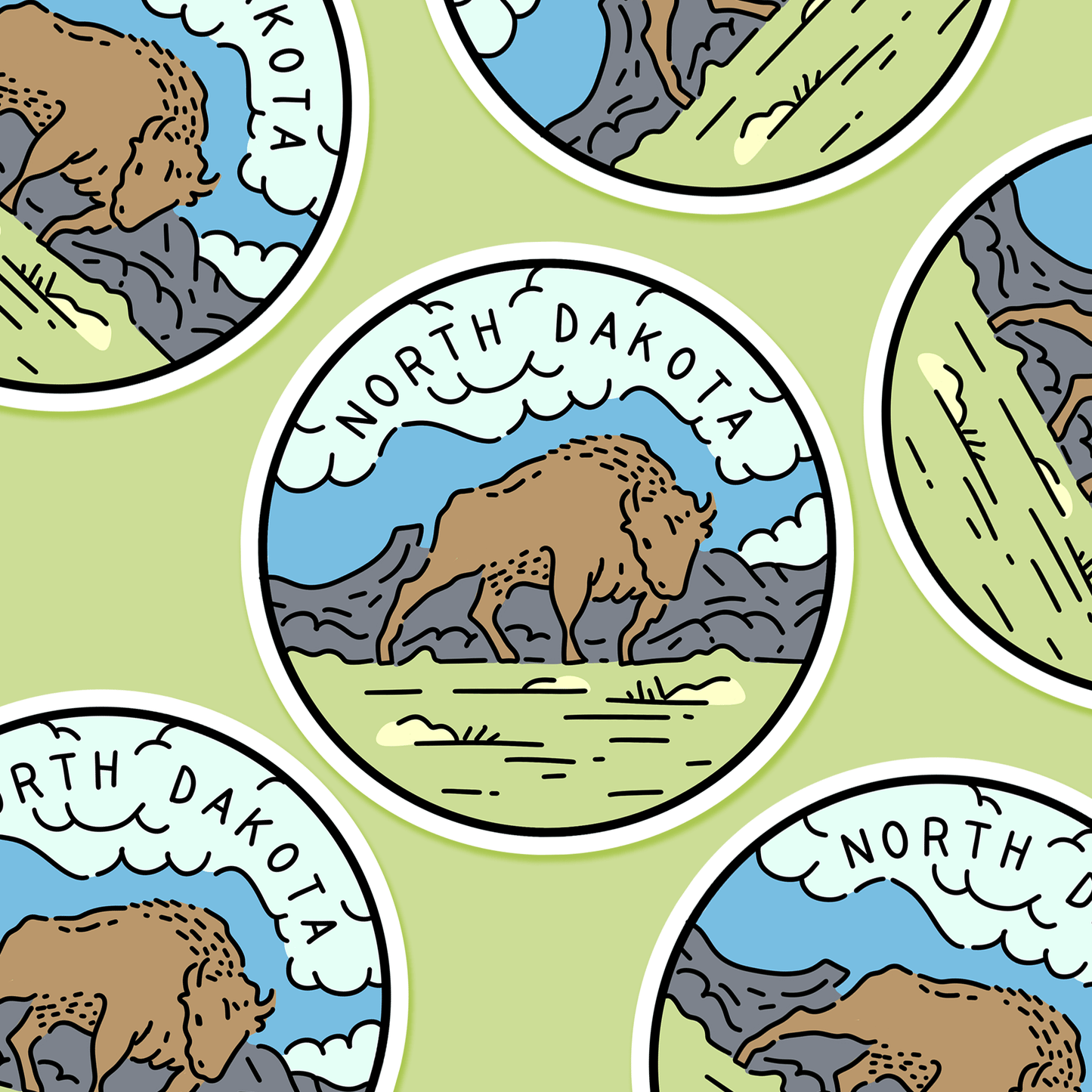 North Dakota Illustrated US State 3 x 3 in - Travel Sticker - Footnotes Paper