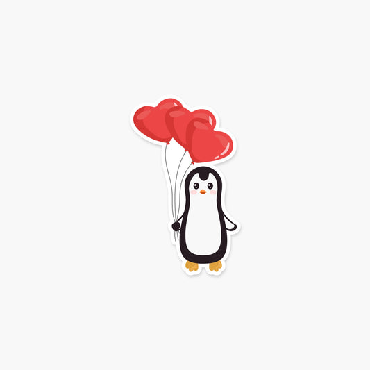 Penguin with red heart shaped balloons 3.25 x 2 in - Valentine's Day Sticker - Footnotes Paper